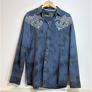 Roar Signature Embroidered Fleur De Lis Tribal Shirt Mens Large Blue Y2K Western